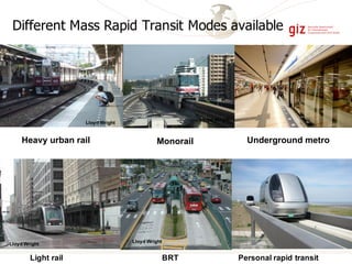 Different Mass Rapid Transit Modes available
Light rail
Heavy urban rail Underground metro
Personal rapid transitBRT
Lloyd Wright
Lloyd Wright
Monorail
Lloyd Wright
Lloyd Wright
 