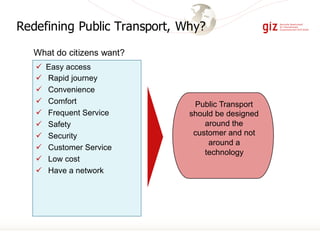 Redefining Public Transport, Why?
What do citizens want?
ü Easy access
ü Rapid journey
ü Convenience
ü Comfort
ü Frequent Service
ü Safety
ü Security
ü Customer Service
ü Low cost
ü Have a network
Public Transport
should be designed
around the
customer and not
around a
technology
 