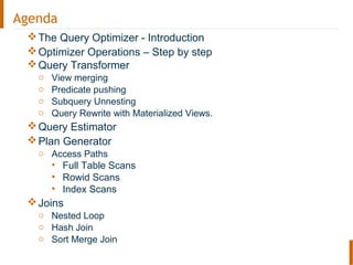 Agenda
The Query Optimizer - Introduction
Optimizer Operations – Step by step
Query Transformer
o View merging
o Predicate pushing
o Subquery Unnesting
o Query Rewrite with Materialized Views.
Query Estimator
Plan Generator
o Access Paths
• Full Table Scans
• Rowid Scans
• Index Scans
Joins
o Nested Loop
o Hash Join
o Sort Merge Join
 