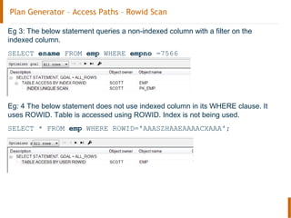Plan Generator – Access Paths – Rowid Scan
Eg 3: The below statement queries a non-indexed column with a filter on the
indexed column.
SELECT ename FROM emp WHERE empno =7566
Eg: 4 The below statement does not use indexed column in its WHERE clause. It
uses ROWID. Table is accessed using ROWID. Index is not being used.
SELECT * FROM emp WHERE ROWID='AAASZHAAEAAAACXAAA';
 