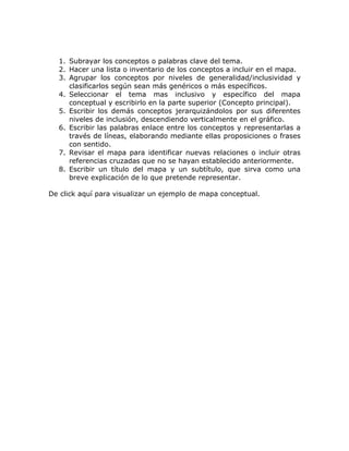 1. Subrayar los conceptos o palabras clave del tema.
  2. Hacer una lista o inventario de los conceptos a incluir en el mapa.
  3. Agrupar los conceptos por niveles de generalidad/inclusividad y
     clasificarlos según sean más genéricos o más específicos.
  4. Seleccionar el tema mas inclusivo y específico del mapa
     conceptual y escribirlo en la parte superior (Concepto principal).
  5. Escribir los demás conceptos jerarquizándolos por sus diferentes
     niveles de inclusión, descendiendo verticalmente en el gráfico.
  6. Escribir las palabras enlace entre los conceptos y representarlas a
     través de líneas, elaborando mediante ellas proposiciones o frases
     con sentido.
  7. Revisar el mapa para identificar nuevas relaciones o incluir otras
     referencias cruzadas que no se hayan establecido anteriormente.
  8. Escribir un título del mapa y un subtítulo, que sirva como una
     breve explicación de lo que pretende representar.

De click aquí para visualizar un ejemplo de mapa conceptual.
 