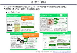 アプリ・サービスの
概要を整理
開発のきっかけや効果など、
関係者の「声」を掲載
オープンデータ100
オープンデータ利活用啓発に向け、オープンデータの利活用事例を課題の類型毎に整理し
た事例集（オープンデータ100）をとりまとめ、公開。
 オープンデータ100
オープンデータ100（政府CIOポータル）：https://www.cio.go.jp/opendata100 18
 