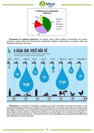 . 177
Pictograma ou gráficos pictóricos: em alguns casos, certos gráficos, encontrados em jornais,
revistas e outros meios de comunicação, apresentam imagens relacionadas ao contexto. Eles são
desenhos ilustrativos. Exemplo:
Histograma: o consiste em retângulos contíguos com base nas faixas de valores da variável e com
área igual à frequência relativa da respectiva faixa. Desta forma, a altura de cada retângulo é denominada
densidade de frequência ou simplesmente densidade definida pelo quociente da área pela amplitude da
faixa. Alguns autores utilizam a frequência absoluta ou a porcentagem na construção do histograma, o
que pode ocasionar distorções (e, consequentemente, más interpretações) quando amplitudes diferentes
são utilizadas nas faixas. Exemplo:
1342178 E-book gerado especialmente para ALOISIO AMARAL DE SOUZA JUNIOR
 