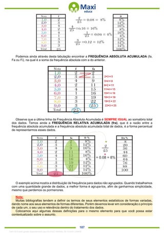 . 187
Podemos ainda através desta tabulação encontrar a FREQUÊNCIA ABSOLUTA ACUMULADA (fa,
Fa ou Fi), na qual é a soma da frequência absoluta com a do anterior.
Observe que a última linha da Frequência Absoluta Acumulada é SEMPRE IGUAL ao somatório total
dos dados. Temos ainda a FREQUÊNCIA RELATIVA ACUMULADA (fra), que é a razão entre a
frequência absoluta acumulada e a frequência absoluta acumulada total de dados, é a forma percentual
de representarmos esses dados.
O exemplo acima mostra a distribuição de frequência para dados não agrupados. Quando trabalhamos
com uma quantidade grande de dados, a melhor forma é agrupa-los, afim de ganharmos simplicidade,
mesmo que perdemos os pormenores.
Nota:
Muitas bibliografias tendem a definir os termos de seus elementos estatísticos de formas variadas,
dando nome aos seus elementos de formas diferentes. Porém devemos levar em consideração o princípio
de cada um, o seu uso e relevância dentro do tratamento dos dados.
Colocamos aqui algumas dessas definições para o mesmo elemento para que você possa estar
contextualizado sobre o assunto.
1342178 E-book gerado especialmente para ALOISIO AMARAL DE SOUZA JUNIOR
 