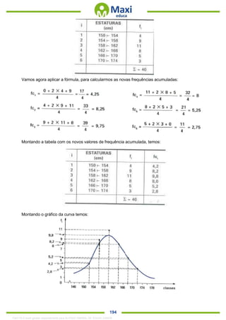 . 194
Vamos agora aplicar a fórmula, para calcularmos as novas frequências acumuladas:
Montando a tabela com os novos valores de frequência acumulada, temos:
Montando o gráfico da curva temos:
1342178 E-book gerado especialmente para ALOISIO AMARAL DE SOUZA JUNIOR
 