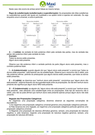 . 31
Neste caso não ocorre de ambas serem falsas ao mesmo tempo.
Regra de subalternação (subalternação e superalternação): As proposições são ditas subalternas
ou superalternas quando são iguais em qualidade e se opõem entre si apenas em extensão. Ou seja
enquanto uma é universal, a outra é particular.
A → I (válida): da verdade do todo podemos inferir pela verdade das partes, mas da verdade das
partes não podemos inferir pela verdade do todo.
Exemplo:
Todos os alunos estão presentes.
Algum aluno está presente.
Observe que não podemos inferir a verdade partindo da parte (Algum aluno está presente), mas o
contrário podemos fazer.
I→ A (indeterminada): quando alguém diz que “algum aluno está presente” e conclui que “todos os
alunos estão presentes”, está fazendo uso da subalternação. Observe que o raciocínio não é válido, pois
não podemos afirmar, partindo do pressuposto que alguns alunos estão presentes, que todos os alunos
estão presentes.
E → O (válida): se dizermos que “nenhum aluno está presente”, concluímos que “algum aluno não
está presente”, estamos fazendo uso da superalternação entre as proposições. Se não tem nenhum aluno
presente isto significa que algum aluno NÃO está presente.
O → E (indeterminada): se alguém diz “algum aluno não está presente” e conclui que “nenhum aluno
está presente”, está utilizando uma subalternação entre as proposições. Este tipo de raciocínio não é
valido, pois não se pode afirmar que nenhum aluno está presente apenas porque algum aluno não está
presente.
Negação das Proposições Categóricas
Ao negarmos uma proposição categórica, devemos observar as seguintes convenções de
equivalência:
1) Ao negarmos uma proposição categórica universal geramos uma proposição categórica particular.
2) Pela recíproca de uma negação, ao negarmos uma proposição categórica particular geramos uma
proposição categórica universal.
3) Negando uma proposição de natureza afirmativa geramos, sempre, uma proposição de natureza
negativa; e, pela recíproca, negando uma proposição de natureza negativa geramos, sempre, uma
proposição de natureza afirmativa.
1342178 E-book gerado especialmente para ALOISIO AMARAL DE SOUZA JUNIOR
 