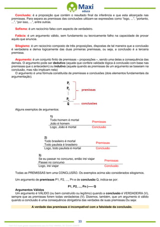 . 33
Conclusão: é a proposição que contém o resultado final da inferência e que esta alicerçada nas
premissas. Para separa as premissas das conclusões utilizam-se expressões como “logo, ...”, “portanto,
...”, “por isso, ...”, entre outras.
Sofisma: é um raciocínio falso com aspecto de verdadeiro.
Falácia: é um argumento válido, sem fundamento ou tecnicamente falho na capacidade de provar
aquilo que enuncia.
Silogismo: é um raciocínio composto de três proposições, dispostas de tal maneira que a conclusão
é verdadeira e deriva logicamente das duas primeiras premissas, ou seja, a conclusão é a terceira
premissa.
Argumento: é um conjunto finito de premissas – proposições –, sendo uma delas a consequência das
demais. O argumento pode ser dedutivo (aquele que confere validade lógica à conclusão com base nas
premissas que o antecedem) ou indutivo (aquele quando as premissas de um argumento se baseiam na
conclusão, mas não implicam nela)
O argumento é uma fórmula constituída de premissas e conclusões (dois elementos fundamentais da
argumentação).
Alguns exemplos de argumentos:
1)
Todo homem é mortal
Premissas
João é homem
Logo, João é mortal Conclusão
2)
Todo brasileiro é mortal
Premissas
Todo paulista é brasileiro
Logo, todo paulista é mortal Conclusão
3)
Se eu passar no concurso, então irei viajar
Premissas
Passei no concurso
Logo, irei viajar Conclusão
Todas as PREMISSAS tem uma CONCLUSÃO. Os exemplos acima são considerados silogismos.
Um argumento de premissas P1, P2, ..., Pn e de conclusão Q, indica-se por:
P1, P2, ..., Pn |----- Q
Argumentos Válidos
Um argumento é VÁLIDO (ou bem construído ou legítimo) quando a conclusão é VERDADEIRA (V),
sempre que as premissas forem todas verdadeiras (V). Dizemos, também, que um argumento é válido
quando a conclusão é uma consequência obrigatória das verdades de suas premissas.Ou seja:
A verdade das premissas é incompatível com a falsidade da conclusão.
1342178 E-book gerado especialmente para ALOISIO AMARAL DE SOUZA JUNIOR
 