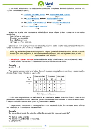 . 36
E, por último, ao confirmar a 2a
parte de uma condicional como falsa, devemos confirmar, também, sua
1a
parte como falsa (7o
passo).
P1: O bárbaro não usa a espada ou o príncipe não foge a cavalo.
(4º) F (5º) V
P2: Se o rei fica nervoso, então o príncipe foge a cavalo.
(7º) F (6º) F
P3: Se a rainha fica na masmorra, então o bárbaro usa a espada.
(2º) V (3º) V
P4: Ora, a rainha fica na masmorra.
(1º) V
Através da analise das premissas e atribuindo os seus valores lógicos chegamos as seguintes
conclusões:
- A rainha fica na masmorra;
- O bárbaro usa a espada;
- O rei não fica nervoso;
- o príncipe não foge a cavalo.
Observe que onde as proposições são falsas (F) utilizamos o não para ter o seu correspondente como
válido, expressando uma conclusão verdadeira.
Caso o argumento não possua uma proposição simples “ponto de referência inicial”, devem-se iniciar
as deduções pela conjunção, e, caso não exista tal conjunção, pela disjunção exclusiva ou pela
bicondicional, caso existam.
2) Método da Tabela – Verdade: para resolvermos temos que levar em considerações dois casos.
1º caso: quando o argumento é representado por uma fómula argumentativa.
Exemplo:
A → B ~A = ~B
Para resolver vamos montar uma tabela dispondo todas as proposições, as premissas e as conclusões
afim de chegarmos a validade do argumento.
(Fonte: http://www.marilia.unesp.br)
O caso onde as premissas são verdadeiras e a conclusão é falsa esta sinalizada na tabela acima
pelo asterisco.Observe também, na linha 4, que as premissas são verdadeiras e a conclusão é verdadeira.
Chegamos através dessa análise que o argumento não é valido.
2o
caso: quando o argumento é representado por uma sequência lógica de premissas, sendo a última
sua conclusão, e é questionada a sua validade.
Exemplo:
“Se leio, então entendo. Se entendo, então não compreendo. Logo, compreendo.”
P1: Se leio, então entendo.
P2: Se entendo, então não compreendo.
C: Compreendo.
1342178 E-book gerado especialmente para ALOISIO AMARAL DE SOUZA JUNIOR
 