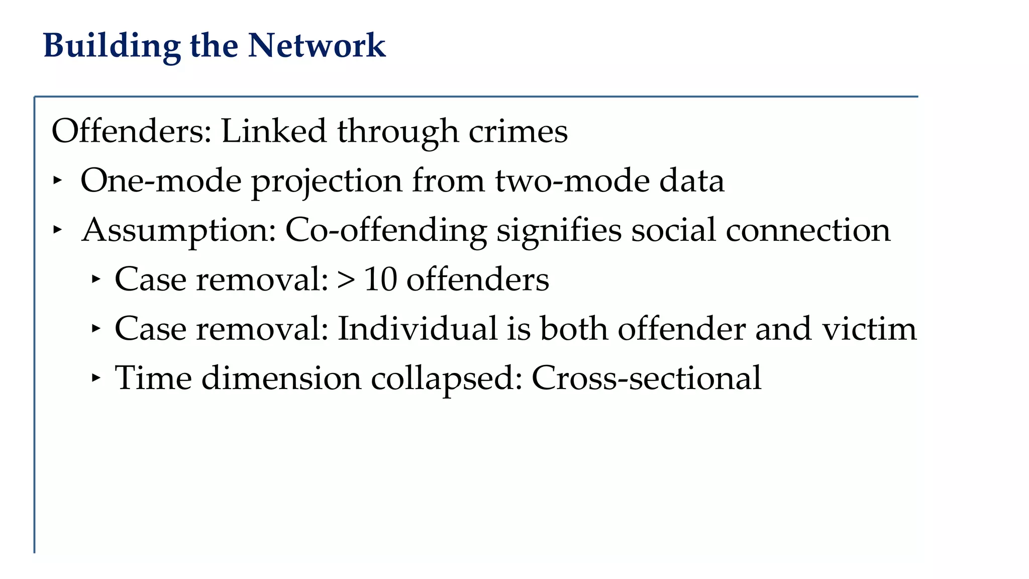 Building the Network
Offenders: Linked through crimes
‣ One-mode projection from two-mode data
‣ Assumption: Co-offending signifies social connection
‣ Case removal: > 10 offenders
‣ Case removal: Individual is both offender and victim
‣ Time dimension collapsed: Cross-sectional
 