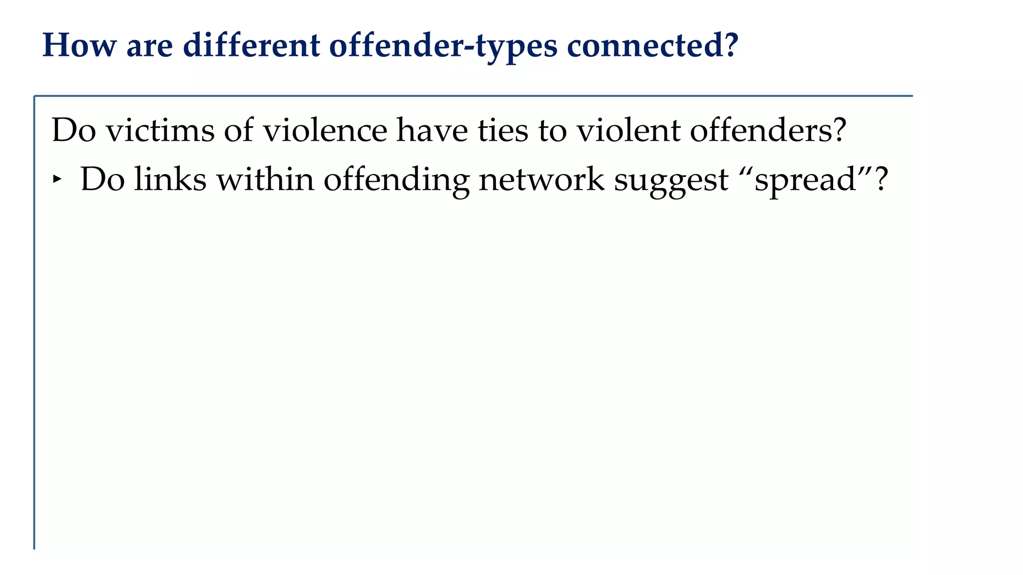 How are different offender-types connected?
Do victims of violence have ties to violent offenders?
‣ Do links within offending network suggest “spread”?
 