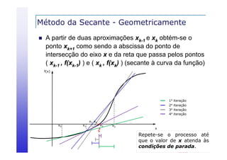 Método da Secante - Geometricamente


A partir de duas aproximações xk-1 e xk obtém-se o
ponto xk+1 como sendo a abscissa d ponto d
d
b i
do
de
intersecção do eixo x e da reta que passa pelos pontos
( xk-1 , f(xk-1) ) e ( xk , f(xk) ) (secante à curva da função)
f(x)

1a
2a
3a
4a
x0

x1

x3 x4

x5



x2

iteração
iteração
iteração
iteração

x

Repete-se
Repete se o processo até
que o valor de x atenda às
condições de parada.

 