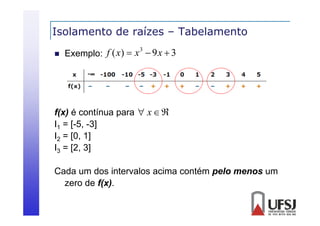 Isolamento de raízes – Tabelamento


f ( x)  x 3  9 x  3
Exemplo:

f(x) é contínua para  x  
I1 = [-5, -3]
I2 = [0, 1]
I3 = [2, 3]
Cada um dos intervalos acima contém pelo menos um
zero de f(x).

 
