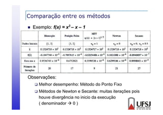 Comparação entre os métodos
p
ç


Exemplo: f(x) = x3 – x – 1

Observações:


Melhor desempenho: Método do Ponto Fixo



Métodos de Newton e Secante: muitas iterações pois
houve divergência no inicio da execução
( denominador  0 )

 