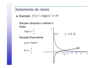 Isolamento de raízes


Exemplo: f ( x)  x log( x)  1  0
Solução utilizando o método 2:
Dada:
Dada
y
1
log( x) 
x

  (2, 3)

h(x)

Equação Equivalente:
g ( x)  l ( x)
log(

1
h( x ) 
x

g(x)
1

2



3

4

5

6

x

 