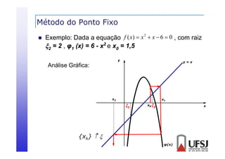 Método do Ponto Fixo


2
Exemplo: Dada a equação f ( x)  x  x  6  0 , com raiz
2 = 2 , φ1 ( ) = 6 - x2 e x0 = 1
(x)
1,5
y

Análise Gráfica:

y=x

x2

x1

1

x0 

x

2

{xk}  
φ(x)

 