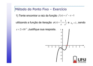 Método do Ponto Fixo – Exercício
3
1) Tente encontrar a raiz da função f ( x)  x  x  1

1 1
utilizando a função de iteração  ( x)   2 e x0  1 , sendo
x x

  2 10 3 .Justifique sua resposta.

y
4
3
2
1

-4

-3

-2

-1

0
-1
-2
-3
-4

1

2

3

4

5

x

 
