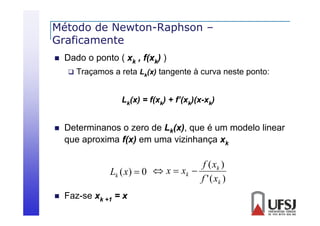 Método de Newton-Raphson –
Graficamente
G fi


Dado o ponto ( xk , f(xk) )
p
(


Traçamos a reta Lk(x) tangente à curva neste ponto:
Lk(x) = f(xk) + f’(xk)(x-xk)



Determinanos o zero de Lk(x), que é um modelo linear
que aproxima f(x) em uma vizinhança xk

f (xk )
(x
Lk ( x)  0  x  xk 
f ' ( xk )


Faz-se xk +1 = x

 