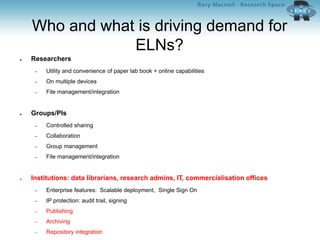 Who and what is driving demand for
ELNs?
● Researchers
– Utility and convenience of paper lab book + online capabilities
– On multiple devices
– File management/integration
● Groups/PIs
– Controlled sharing
– Collaboration
– Group management
– File management/integration
● Institutions: data librarians, research admins, IT, commercialisation offices
– Enterprise features: Scalable deployment, Single Sign On
– IP protection: audit trail, signing
– Publishing
– Archiving
– Repository integration
 