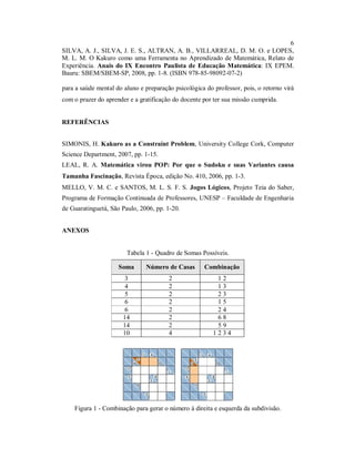 6
SILVA, A. J., SILVA, J. E. S., ALTRAN, A. B., VILLARREAL, D. M. O. e LOPES,
M. L. M. O Kakuro como uma Ferramenta no Aprendizado de Matemática, Relato de
Experiência. Anais do IX Encontro Paulista de Educação Matemática: IX EPEM.
Bauru: SBEM/SBEM-SP, 2008, pp. 1-8. (ISBN 978-85-98092-07-2)

para a saúde mental do aluno e preparação psicológica do professor, pois, o retorno virá
com o prazer do aprender e a gratificação do docente por ter sua missão cumprida.


REFERÊNCIAS


SIMONIS, H. Kakuro as a Constraint Problem, University College Cork, Computer
Science Department, 2007, pp. 1-15.
LEAL, R. A. Matemática virou POP: Por que o Sudoku e suas Variantes causa
Tamanha Fascinação, Revista Época, edição No. 410, 2006, pp. 1-3.
MELLO, V. M. C. e SANTOS, M. L. S. F. S. Jogos Lógicos, Projeto Teia do Saber,
Programa de Formação Continuada de Professores, UNESP – Faculdade de Engenharia
de Guaratinguetá, São Paulo, 2006, pp. 1-20.


ANEXOS


                        Tabela 1 - Quadro de Somas Possíveis.

                     Soma      Número de Casas        Combinação
                        3               2                 12
                        4               2                 13
                        5               2                 23
                        6               2                 15
                        6               2                 24
                       14               2                 68
                       14               2                 59
                       10               4                1234




    Figura 1 - Combinação para gerar o número à direita e esquerda da subdivisão.
 