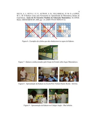 8
SILVA, A. J., SILVA, J. E. S., ALTRAN, A. B., VILLARREAL, D. M. O. e LOPES,
M. L. M. O Kakuro como uma Ferramenta no Aprendizado de Matemática, Relato de
Experiência. Anais do IX Encontro Paulista de Educação Matemática: IX EPEM.
Bauru: SBEM/SBEM-SP, 2008, pp. 1-8. (ISBN 978-85-98092-07-2)




      Figura 6 - Exemplos de células que não obedeceram às regras do Kakuro.




 Figura 7 - Kakuros confeccionados pelo Grupo de Estudo sobre Jogos Matemáticos.




  Figura 8 - Apresentação do Kakuro na Escola Prof. Nelson Duarte Rocha - Selvíria.




         Figura 9 - Apresentação do Kakuro no Colégio Anglo - Ilha Solteira.
 