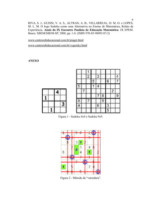 6
RIVA, S. J., GUISSI, V. A. S., ALTRAN, A. B., VILLARREAL, D. M. O. e LOPES,
M. L. M. O Jogo Sudoku como uma Alternativa no Ensino de Matemática, Relato de
Experiência. Anais do IX Encontro Paulista de Educação Matemática: IX EPEM.
Bauru: SBEM/SBEM-SP, 2008, pp. 1-8. (ISBN 978-85-98092-07-2)

www.centrorefeducacional.com.br/piaget.html
www.centrorefeducacional.com.br/vygotsky.html




ANEXO




                       Figura 1 - Sudoku 4x4 e Sudoku 9x9.




                         Figura 2 - Método da “varredura”.
 