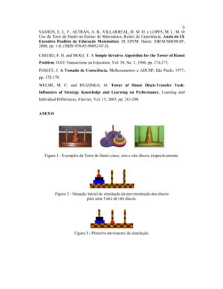6
SANTOS, E. L. F., ALTRAN, A. B., VILLARREAL, D. M. O. e LOPES, M. L. M. O
Uso da Torre de Hanói no Ensino de Matemática, Relato de Experiência. Anais do IX
Encontro Paulista de Educação Matemática: IX EPEM. Bauru: SBEM/SBEM-SP,
2008, pp. 1-8. (ISBN 978-85-98092-07-2)

CHEDID, F. B. and MOGI, T. A Simple Iterative Algorithm for the Tower of Hanoi
Problem, IEEE Transactions on Education, Vol. 39, No. 2, 1996, pp. 274-275.
PIAGET, J. A Tomada de Consciência, Melhoramentos e ADUSP, São Paulo, 1977,
pp. 172-178.
WELSH, M. C. and HUIZINGA, M. Tower of Hanoi Disck-Transfer Task:
Influences of Strategy Knowledge and Learning on Performance, Learning and
Individual Differences, Elsevier, Vol. 15, 2005, pp. 283-298.


ANEXO




   Figura 1 - Exemplos da Torre de Hanói cinco, seis e oito discos, respectivamente.




         Figura 2 - Situação inicial da simulação da movimentação dos discos
                             para uma Torre de três discos.




                     Figura 3 - Primeiro movimento da simulação.
 