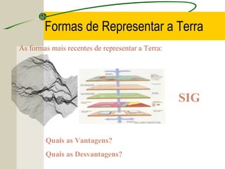 Formas de Representar a Terra
As formas mais recentes de representar a Terra:

SIG

Quais as Vantagens?
Quais as Desvantagens?

 
