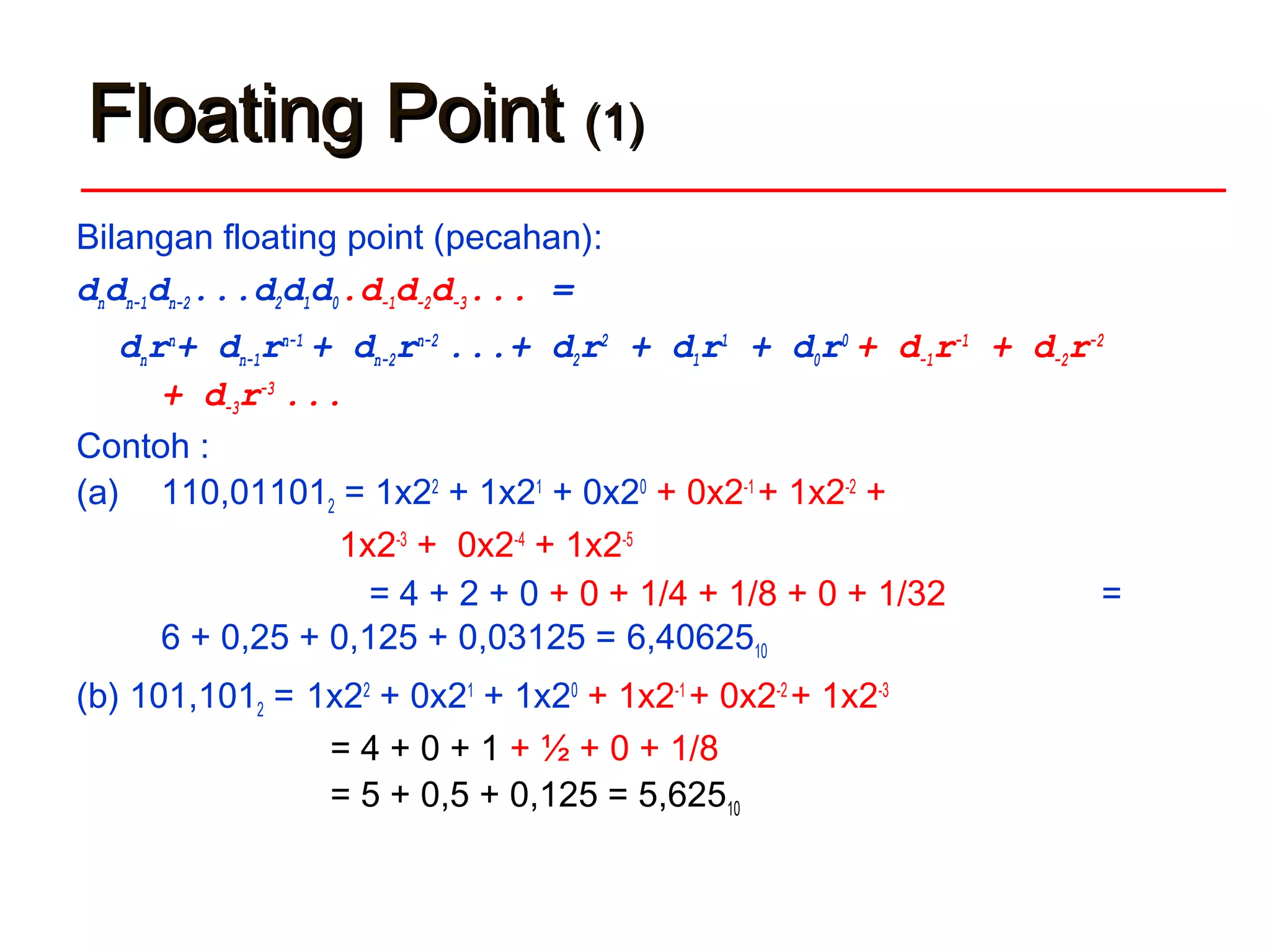 Floating PointFloating Point (1)(1)
Bilangan floating point (pecahan):
dndn-1dn-2...d2d1d0.d-1d-2d-3... =
dnrn
+ dn-1rn-1
+ dn-2rn-2
...+ d2r2
+ d1r1
+ d0r0
+ d-1r-1
+ d-2r-2
+ d-3r-3
...
Contoh :
(a) 110,011012 = 1x22
+ 1x21
+ 0x20
+ 0x2-1
+ 1x2-2
+
1x2-3
+ 0x2-4
+ 1x2-5
= 4 + 2 + 0 + 0 + 1/4 + 1/8 + 0 + 1/32 =
6 + 0,25 + 0,125 + 0,03125 = 6,4062510
(b) 101,1012 = 1x22
+ 0x21
+ 1x20
+ 1x2-1
+ 0x2-2
+ 1x2-3
= 4 + 0 + 1 + ½ + 0 + 1/8
= 5 + 0,5 + 0,125 = 5,62510
 