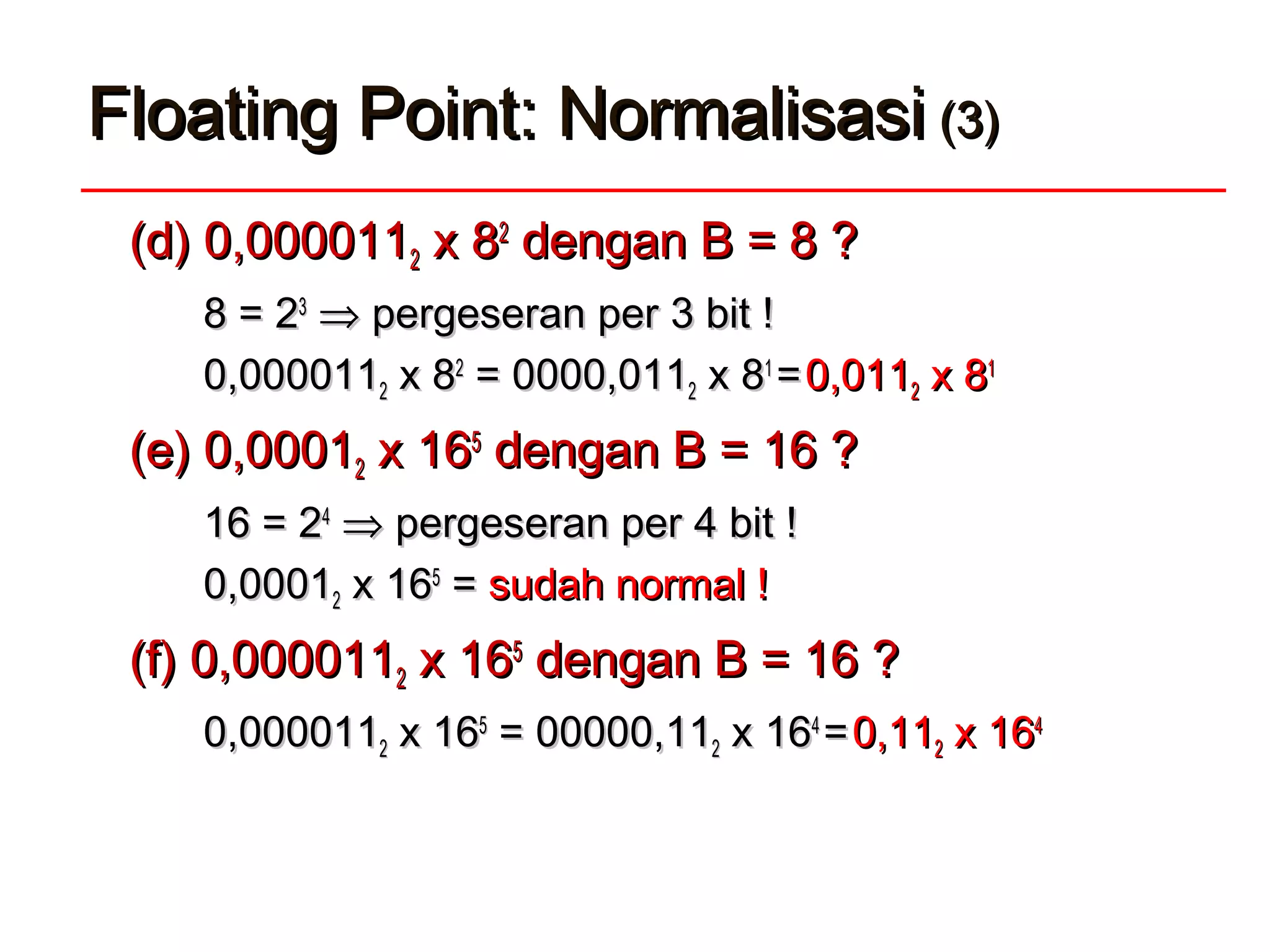 Floating Point: NormalisasiFloating Point: Normalisasi (3)(3)
(d)(d) 0,0000110,00001122 x 8x 822
dengan B = 8 ?dengan B = 8 ?
8 = 28 = 233
⇒⇒ pergeseran per 3 bit !pergeseran per 3 bit !
0,0000110,00001122 x 8x 822
= 0= 0000000,011,01122 xx 8811
== 00,011,01122 xx 8811
(e)(e) 0,00010,000122 x 16x 1655
dengan B = 16 ?dengan B = 16 ?
16 = 216 = 244
⇒⇒ pergeseran per 4 bit !pergeseran per 4 bit !
0,00010,000122 x 16x 1655
== sudah normal !sudah normal !
(f)(f) 0,0000110,00001122 x 16x 1655
dengan B = 16 ?dengan B = 16 ?
0,0000110,00001122 x 16x 1655
= 0= 000000000,,111122 xx 161644
== 00,11,1122 xx 161644
 