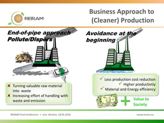 RERAM Final Conference • Lviv, Ukraine, 18.05.2016 www.reram.eu
Business Approach to
(Cleaner) Production
Less production cost reduction
Higher productivtiy
Material and Energy efficiency
Turning valuable raw material
into waste
Increasing effort of handling with
waste and emission
End-of-pipe approach
Pollute/Dispers
Value to
Society
Avoidance at the
beginning
 