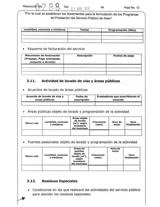 Del 2 7 ABR.2015 de .Hoja No. 12
"Par la cual se estable.cen los lineamientos para la formulacion de los Programas
de Prestacion del Servicio Publico de Aseo"
Localidad, comunas 0 similares Temas Programacion (Mes)
.
• Esquema de tacturaclon del servlcto
Mecanismo de facturaclon Descripcion Puntos de pago
(Prepago, Pago anticipado,
conjunta 0 directa)
'--.
3.11. Actividad de lavado de vias y areas ,Publi.cas
• Acuerdos de lavado de areas publlcas
Acuerdo de lavado de vias y Fecha de Prestadores q,ue suscribieron el
areas publlcas suscrlpclen acuerdo
• Areas publtcas objeto de lavado y proqramacion de la actJiv1idad
Areas objeto
Localidad, comunas
delavado
Frecuencia Hora de Hora
Macro ruta
o similares
(m"), segun
(mes) .inicio finalizacion
inventario
del municipio
• Puentes peatonales objeto de lavado y proqrarnaclcn de ia a0tivi.dacl
Areas de Hora de
puentes inicio
Localidad, comunas
objeto de
frecuencia Hora
Macro ruta
o similares
lavado (m2),
(mes) finalizacion
segun
inventario
del municipio
:
3.12. Residuos Especiales
• Condiciones en las que reaazara las actividades del' servicio publico
para atender los residuos especieles.
 
