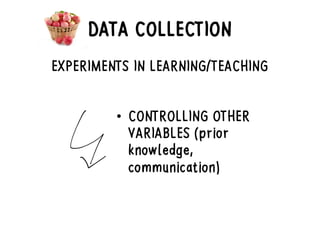 DATA COLLECTION
EXPERIMENTS IN LEARNING/TEACHING
• CONTROLLING OTHER
VARIABLES (prior
knowledge,
communication)
 