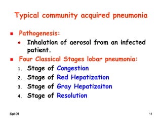 Spr 09 11Fall 07 11
Typical community acquired pneumonia
Pathogenesis:
Inhalation of aerosol from an infected
patient.
Four Classical Stages lobar pneumonia:
1. Stage of Congestion
2. Stage of Red Hepatization
3. Stage of Gray Hepatizaiton
4. Stage of Resolution
 
