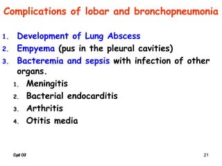 Spr 09 21Fall 07 21
Complications of lobar and bronchopneumonia
1. Development of Lung Abscess
2. Empyema (pus in the pleural cavities)
3. Bacteremia and sepsis with infection of other
organs.
1. Meningitis
2. Bacterial endocarditis
3. Arthritis
4. Otitis media
 