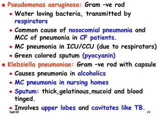 Spr 09 24Fall 07 24
Pseudomonas aeruginosa: Gram –ve rod
Water loving bacteria, transmitted by
respirators
Common cause of nosocomial pneumonia and
MCC of pneumonia in CF patients.
MC pneumonia in ICU/CCU (due to respirators)
Green colored sputum (pyocyanin)
Klebsiella pneumoniae: Gram –ve rod with capsule
Causes pneumonia in alcoholics
MC pneumonia in nursing homes
Sputum: thick,gelatinous,mucoid and blood
tinged.
Involves upper lobes and cavitates like TB.
 