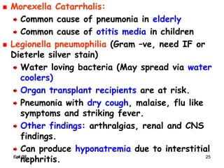 Spr 09 25Fall 07 25
Morexella Catarrhalis:
Common cause of pneumonia in elderly
Common cause of otitis media in children
Legionella pneumophilia (Gram –ve, need IF or
Dieterle silver stain)
Water loving bacteria (May spread via water
coolers)
Organ transplant recipients are at risk.
Pneumonia with dry cough, malaise, flu like
symptoms and striking fever.
Other findings: arthralgias, renal and CNS
findings.
Can produce hyponatremia due to interstitial
nephritis.
 
