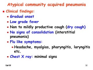 Spr 09 32Fall 07 32
Atypical community acquired pneumonia
Clinical findings:
Gradual onset
Low grade fever
Non to mildly productive cough (dry cough)
No signs of consolidation (interstitial
pneumonia)
Flu like symptoms:
Headache, myalgias, pharyngitis, laryngitis
etc.
Chest X ray: minimal signs
 