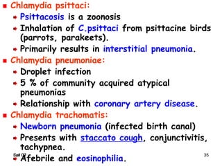 Spr 09 35Fall 07 35
Chlamydia psittaci:
Psittacosis is a zoonosis
Inhalation of C.psittaci from psittacine birds
(parrots, parakeets).
Primarily results in interstitial pneumonia.
Chlamydia pneumoniae:
Droplet infection
5 % of community acquired atypical
pneumonias
Relationship with coronary artery disease.
Chlamydia trachomatis:
Newborn pneumonia (infected birth canal)
Presents with staccato cough, conjunctivitis,
tachypnea.
Afebrile and eosinophilia.
 