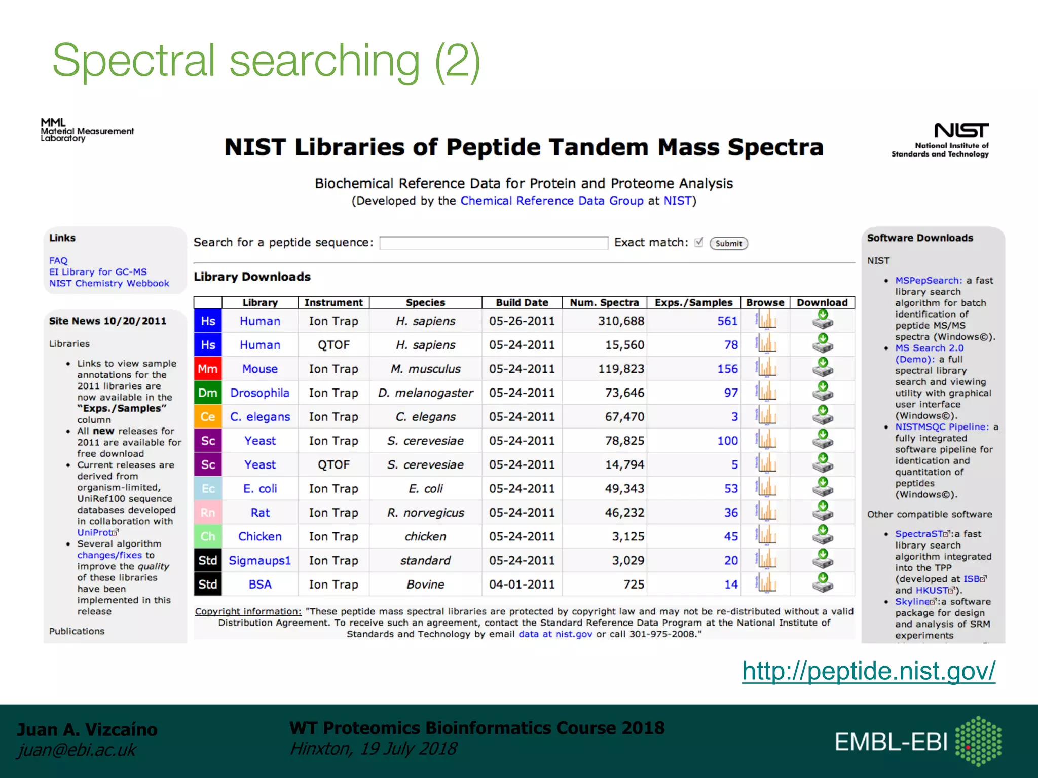 Juan A. Vizcaíno
juan@ebi.ac.uk
WT Proteomics Bioinformatics Course 2018
Hinxton, 19 July 2018
Spectral searching (2)
http://peptide.nist.gov/
 