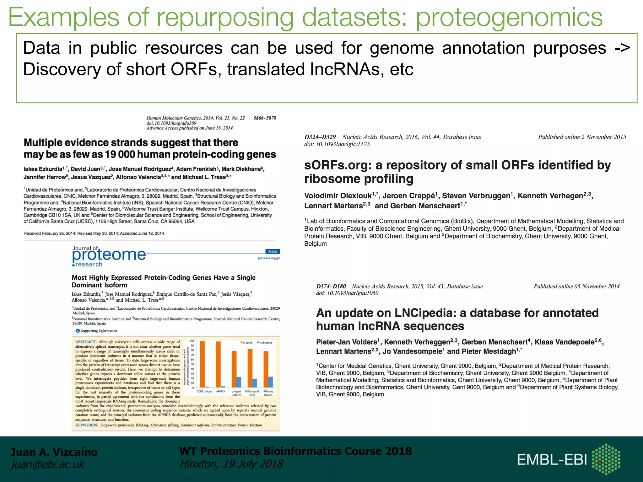 Juan A. Vizcaíno
juan@ebi.ac.uk
WT Proteomics Bioinformatics Course 2018
Hinxton, 19 July 2018
Examples of repurposing datasets: proteogenomics
Data in public resources can be used for genome annotation purposes ->
Discovery of short ORFs, translated lncRNAs, etc
 