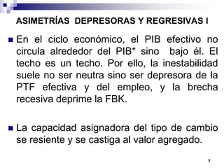 ASIMETRÍAS DEPRESORAS Y REGRESIVAS I 
 En el ciclo económico, el PIB efectivo no 
circula alrededor del PIB* sino bajo él. El 
techo es un techo. Por ello, la inestabilidad 
suele no ser neutra sino ser depresora de la 
PTF efectiva y del empleo, y la brecha 
recesiva deprime la FBK. 
 La capacidad asignadora del tipo de cambio 
se resiente y se castiga al valor agregado. 
7 
 