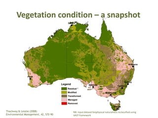 Vegetation condition – a snapshot




Thackway & Lesslie (2008)              NB: Input dataset biophysical naturalness reclassified using
Environmental Management, 42, 572-90   VAST framework
 