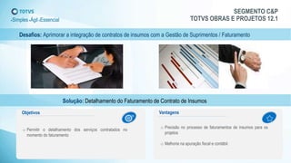 SEGMENTO C&P
TOTVS OBRAS E PROJETOS 12.1+Simples+Ágil+Essencial
Desafios: Aprimorar a integração de contratos de insumos com a Gestão de Suprimentos / Faturamento
Solução: Detalhamento do Faturamento de Contrato de Insumos
o Permitir o detalhamento dos serviços contratados no
momento do faturamento
o Precisão no processo de faturamentos de insumos para os
projetos
o Melhoria na apuração fiscal e contábil.
Objetivos Vantagens
 
