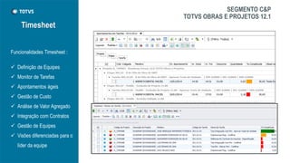 Timesheet
SEGMENTO C&P
TOTVS OBRAS E PROJETOS 12.1
Funcionalidades Timesheet :
 Definição de Equipes
 Monitor de Tarefas
 Apontamentos ágeis
 Gestão de Custo
 Análise de Valor Agregado
 Integração com Contratos
 Gestão de Equipes
 Visões diferenciadas para o
líder da equipe
 