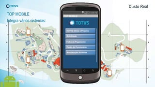 Custo Real
TOP MOBILE
Integra vários sistemas:
8:30 PM
TOP MOBILE
TOTVS Obras e Projetos
Mobilidade
Folha de Pagamento
Ponto do Funcionário
Manutençao de Ativos
 
