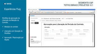 Workflow de aprovação de
Liberação de Medição do
Contrato.
 Medição do contrato
 Liberação com Geração do
Workflow
 Aprovação / Reprovação por
Alçada.
Experiências Fluig
SEGMENTO C&P
TOTVS OBRAS E PROJETOS 12.1
 
