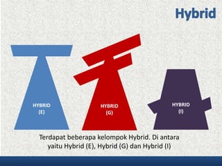 Terdapat beberapa kelompok Hybrid. Di antara
yaitu Hybrid (E), Hybrid (G) dan Hybrid (I)
HYBRID
(E)
HYBRID
(G)
HYBRID
(I)
 