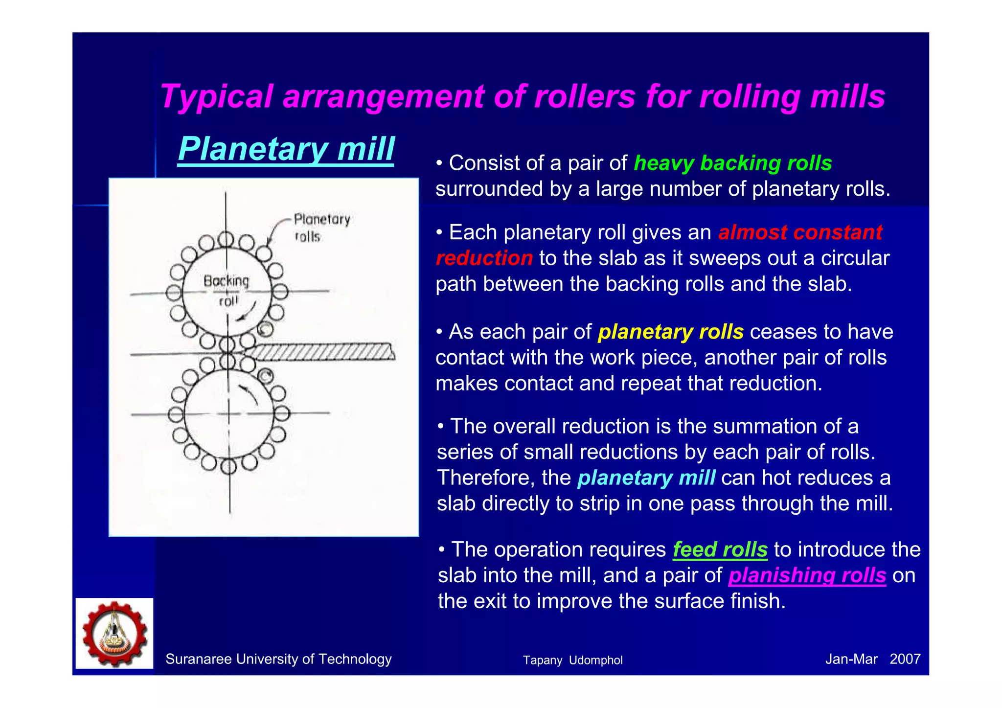 Typical arrangement of rollers for rolling mills 
Planetary mill • Consist of a pair of heavy backing rolls 
surrounded by a large number of planetary rolls. 
• Each planetary roll gives an almost constant 
reduction to the slab as it sweeps out a circular 
path between the backing rolls and the slab. 
• As each pair of planetary rolls ceases to have 
contact with the work piece, another pair of rolls 
makes contact and repeat that reduction. 
• The overall reduction is the summation of a 
series of small reductions by each pair of rolls. 
Therefore, the planetary mill can hot reduces a 
slab directly to strip in one pass through the mill. 
• The operation requires feed rolls to introduce the 
slab into the mill, and a pair of planishing rolls on 
the exit to improve the surface finish. 
Suranaree University of Technology Tapany Udomphol 
Jan-Mar 2007 
 