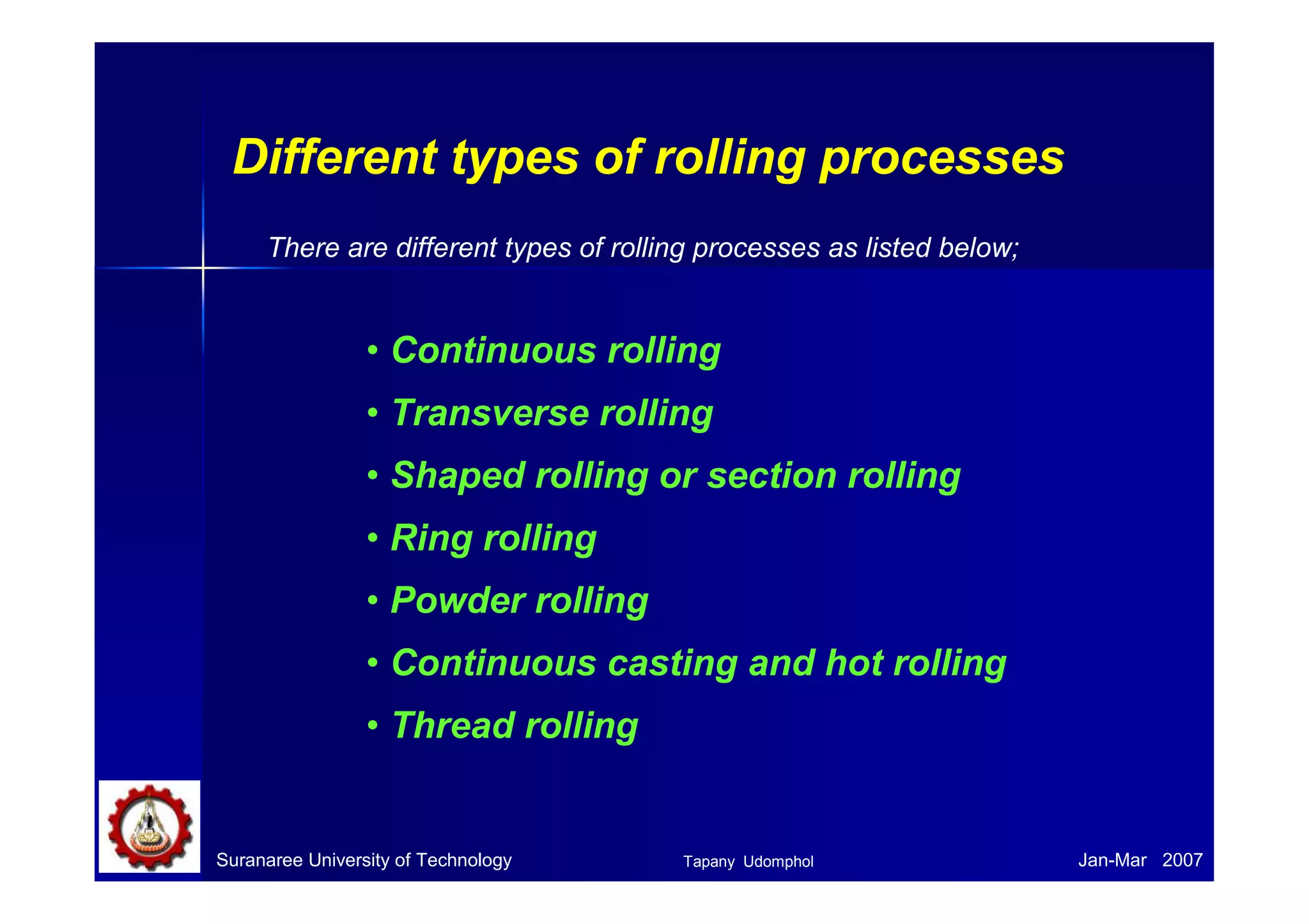 Different types of rolling processes 
There are different types of rolling processes as listed below; 
• Continuous rolling 
• Transverse rolling 
• Shaped rolling or section rolling 
• Ring rolling 
• Powder rolling 
• Continuous casting and hot rolling 
• Thread rolling 
Suranaree University of Technology Tapany Udomphol 
Jan-Mar 2007 
 
