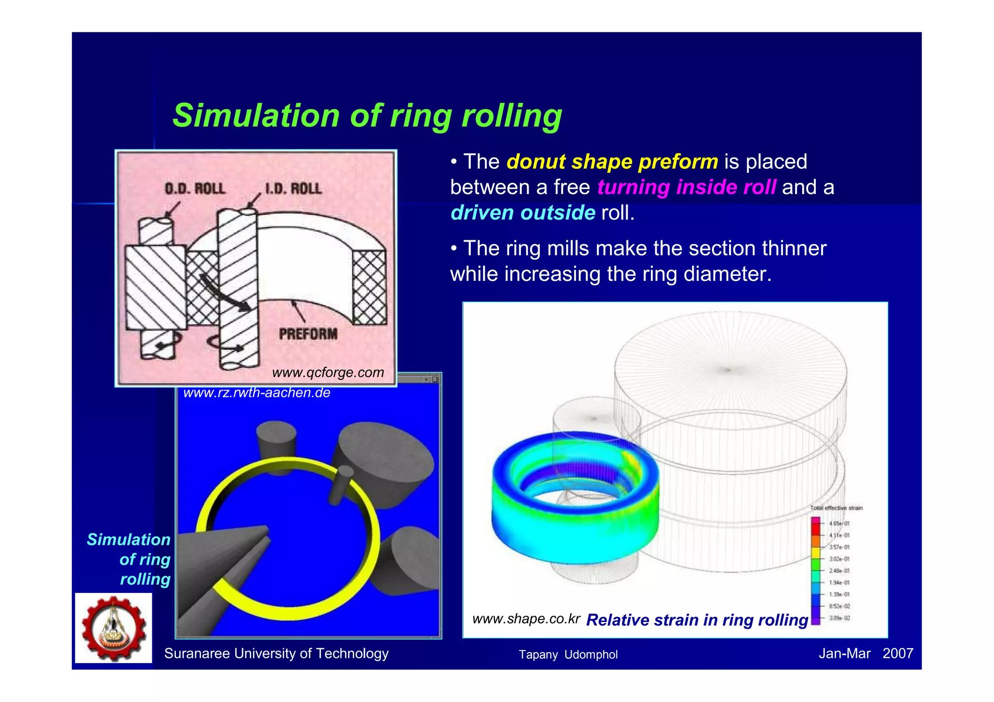 Simulation of ring rolling 
www.qcforge.com 
www.rz.rwth-aachen.de 
Simulation 
of ring 
rolling 
• The donut shape preform is placed 
between a free turning inside roll and a 
driven outside roll. 
• The ring mills make the section thinner 
while increasing the ring diameter. 
Relative strain www.shape.co.kr in ring rolling 
Suranaree University of Technology Tapany Udomphol 
Jan-Mar 2007 
 